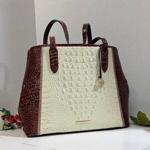 Brahmin Cream and Brown Crocodile-Embossed Tote